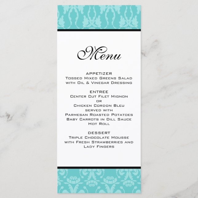Teal Damask Wedding Menu (Front)