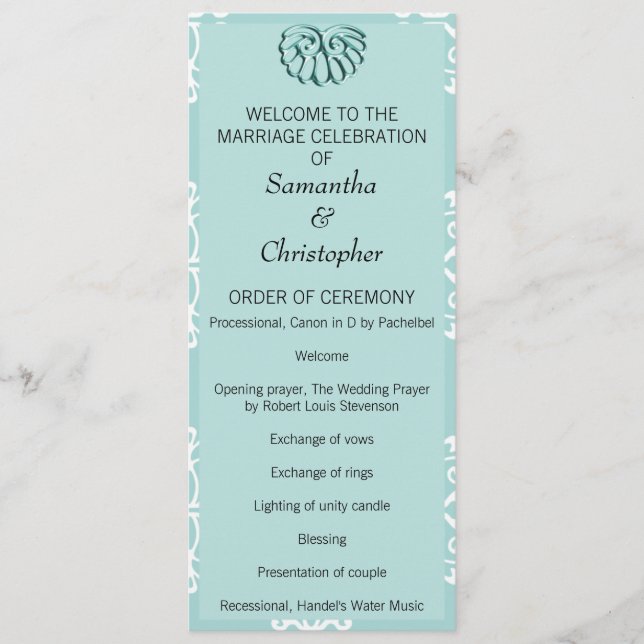 Teal Damask Wedding Program Programme (Front)