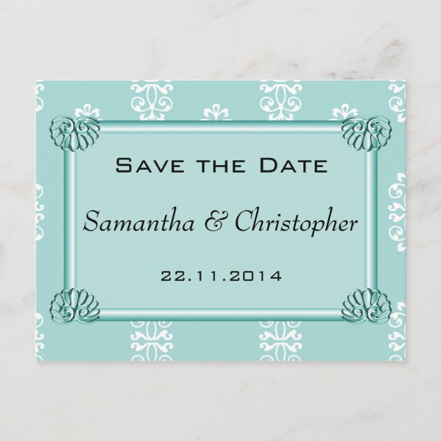 Teal Damask Wedding Save the Date Announcement Postcard (Front)