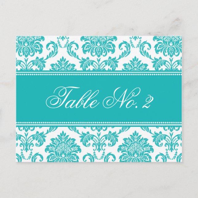 Teal Damask Wedding Table Number Postcard (Front)