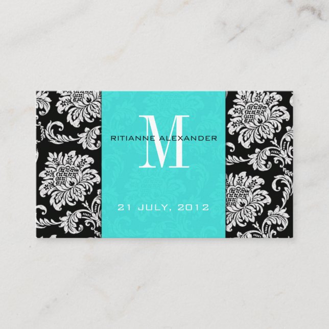 Teal Damask Wedding Website Business Card (Front)