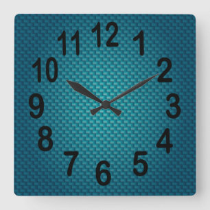 Teal Dark Blue Weave   Bold Numbers Square Wall Clock