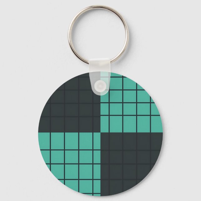 Teal Dark Gray Grid Pattern Modern Minimalist  Key Ring (Front)