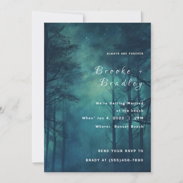 Teal & Dark Green Forest Silhouette Wedding Invitation (Front)
