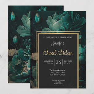Teal Dark Moody Floral Sweet 16 Invitation