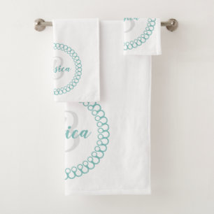 Teal Decorative Circle Monogram Bath Towel Set