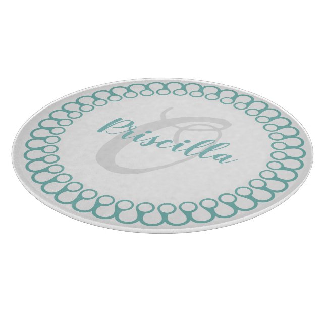 Teal Decorative Circle Monogram Cutting Board (Corner)