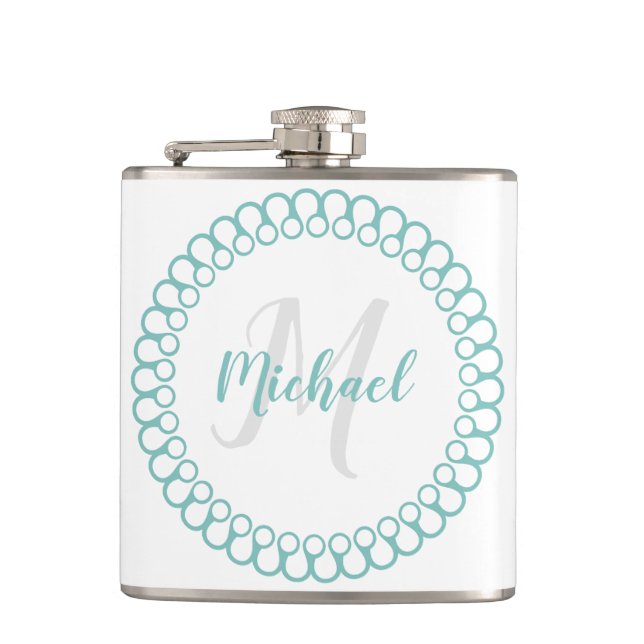 Teal Decorative Circle Monogram Flask (Front)