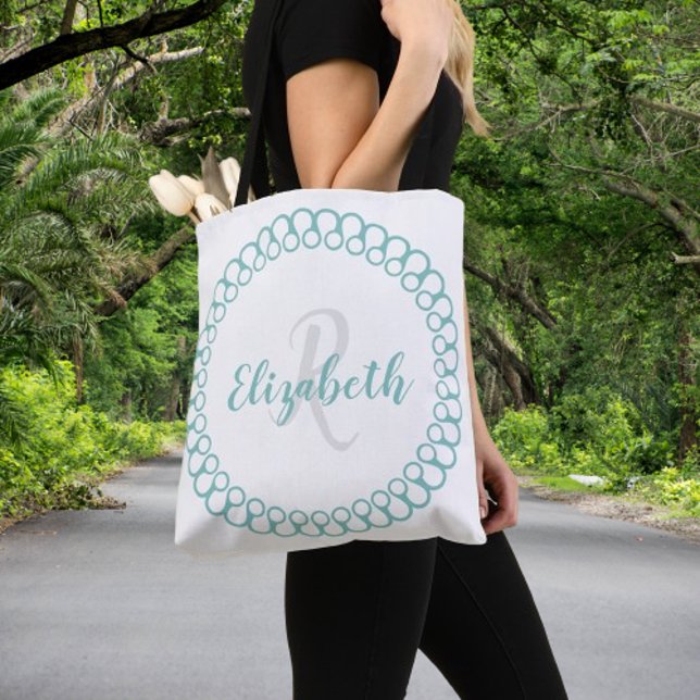 Teal Decorative Circle Personalise Monogram Tote (Teal Decorative Circle Personalize Monogram Tote Bag)