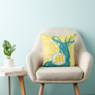 Teal Deer on Yellow Vintage Floral Pattern Cushion