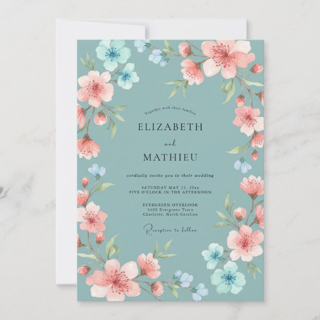 Teal Delicate Floral Romance Wedding Invitation (Front)
