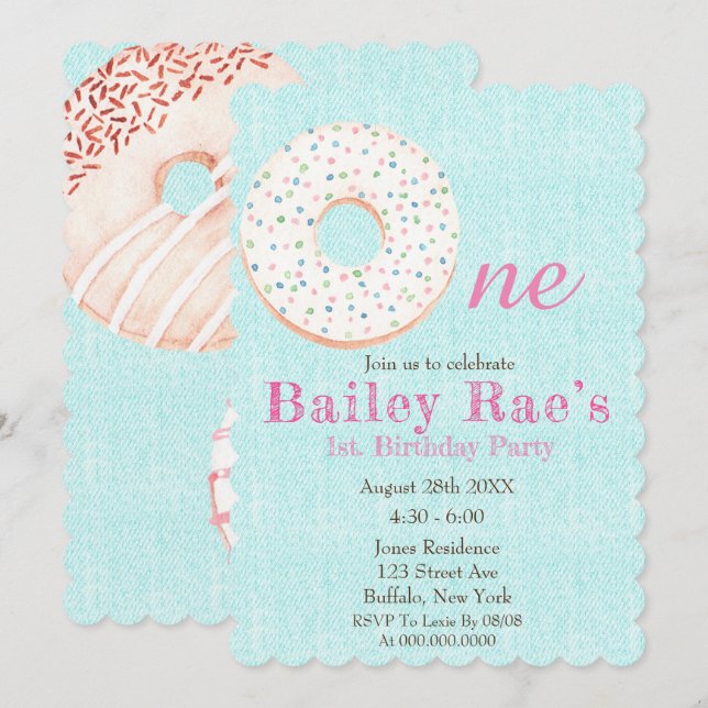 Teal Denim Doughnuts & Sprinkles 1st Birthday Part (Front/Back)