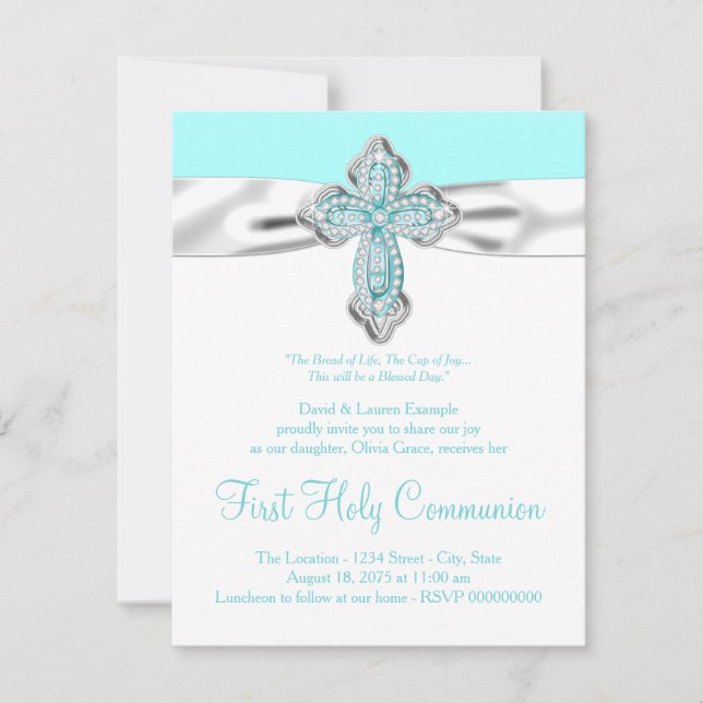 Teal Diamond Cross Girls First Communion Invitation (Front)