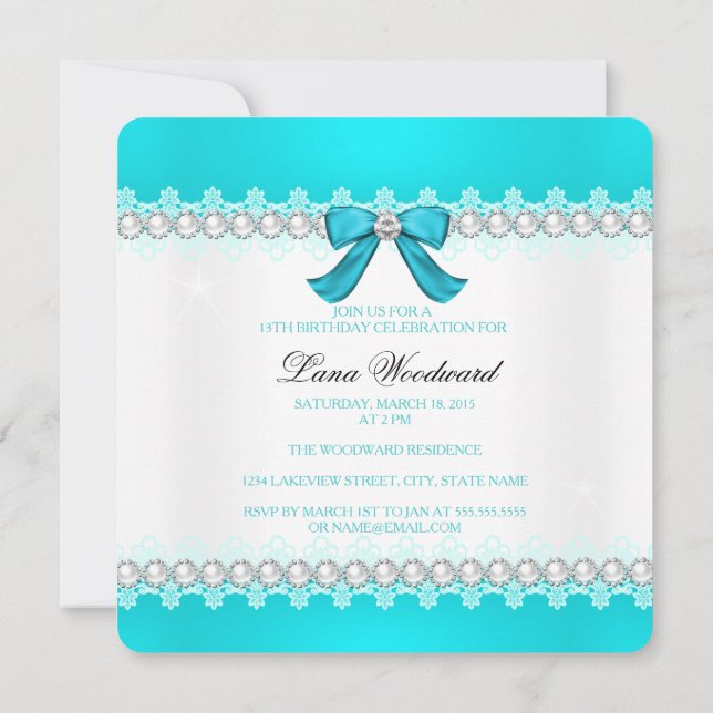 Teal diamond Girls 13th birthday party Invitation (Back)