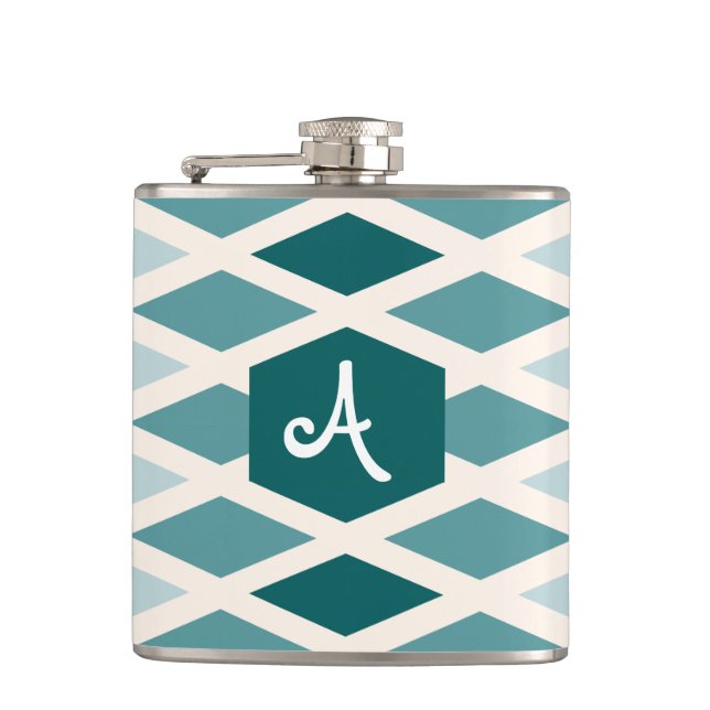 Teal Diamond Ombre Monogram Hip Flask (Front)