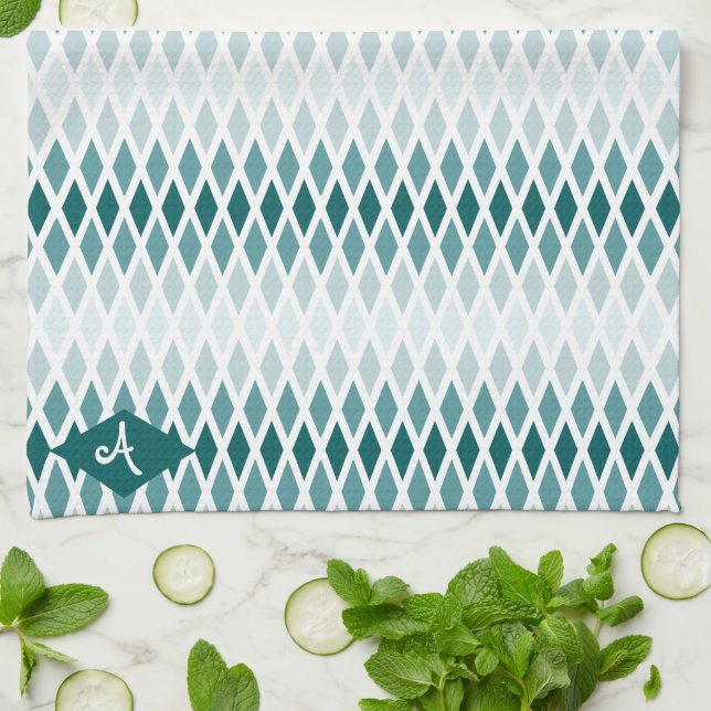 Teal Diamond Ombre Monogram Tea Towel (Folded)