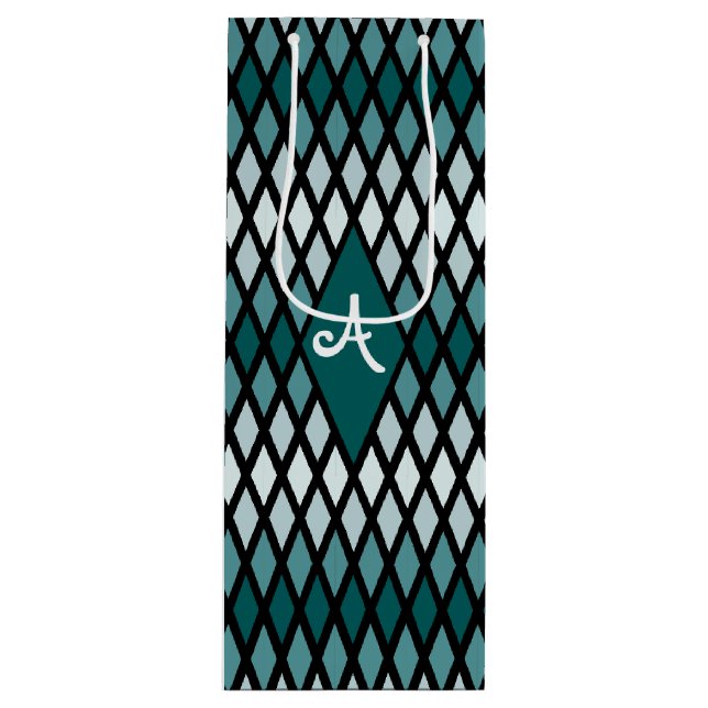Teal Diamond Ombre Monogram Wine Gift Bag (Front)
