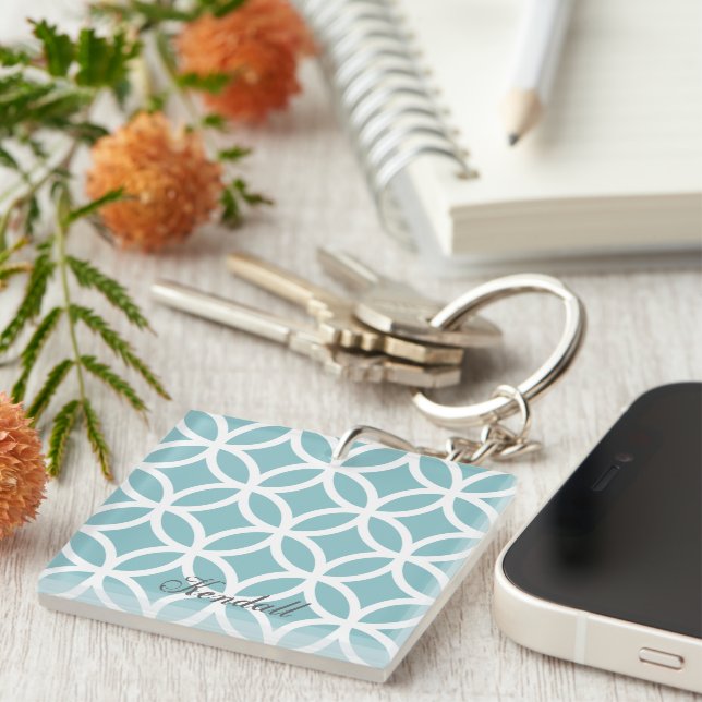 Teal Diamond Pattern Personalised Key Ring (Front Right)
