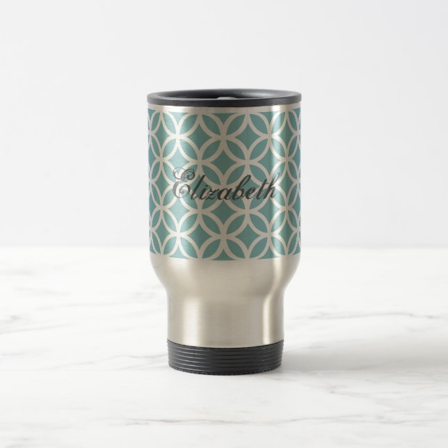 Teal Diamond Pattern Personalised Travel Mug (Center)