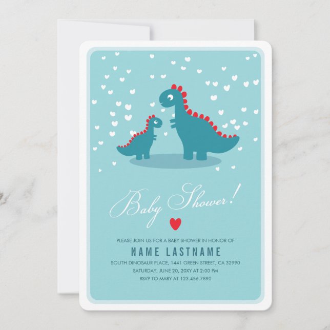 Teal Dinosaur Blue Baby Shower Invite Rounded (Front)