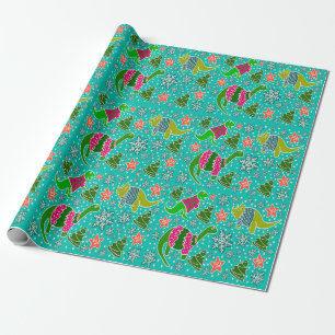 Teal Dinosaur Christmas Wrapping Paper