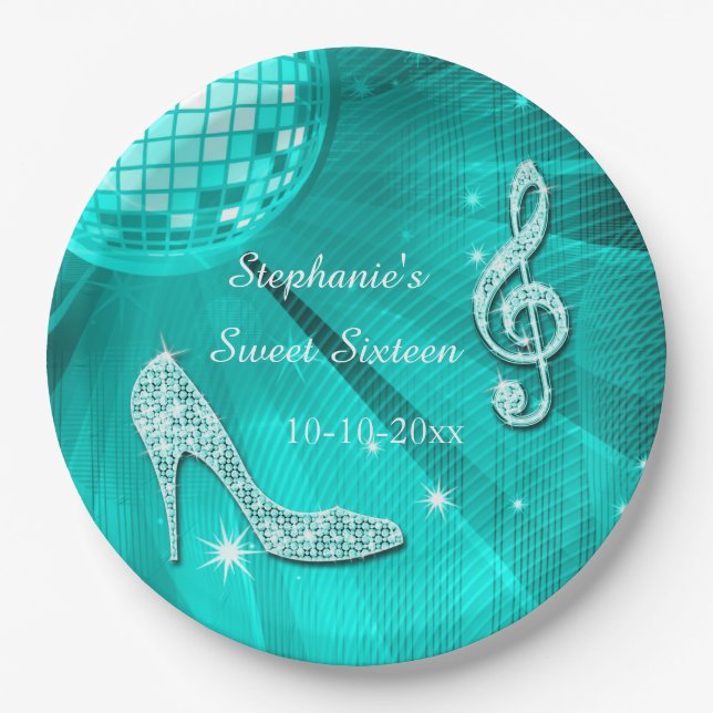 Teal Disco Ball and Heels Sweet 16 Paper Plate (Front)