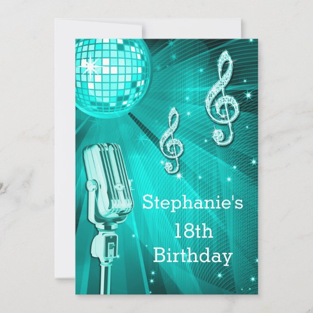 Teal Disco Ball and Retro Microphone 18th Birthday Invitation (Front)