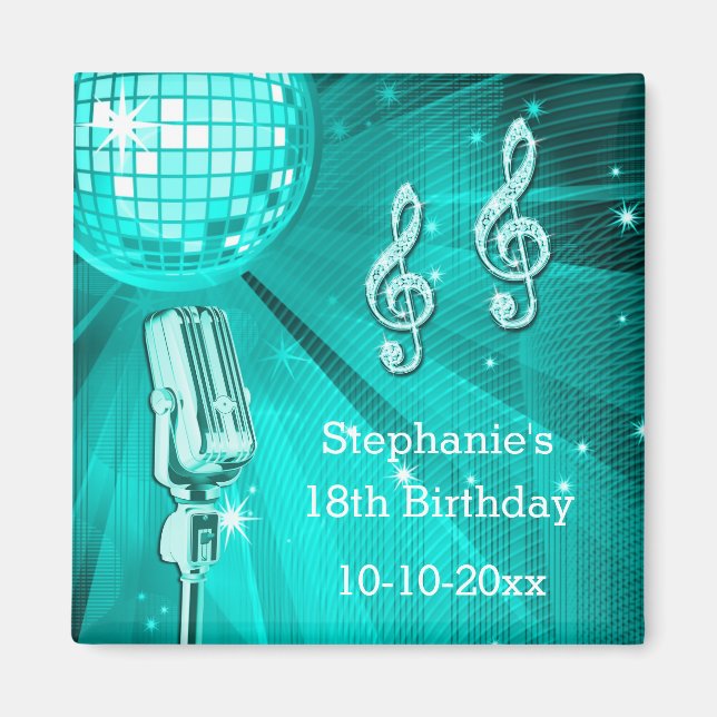 Teal Disco Ball and Retro Microphone 18th Birthday Magnet (Front)