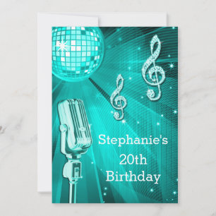 Teal Disco Ball and Retro Microphone 20th Birthday Invitation