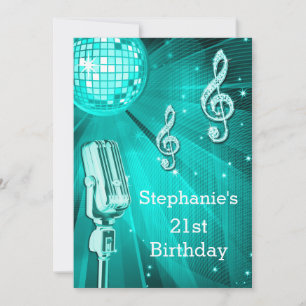 Teal Disco Ball and Retro Microphone 21st Birthday Invitation