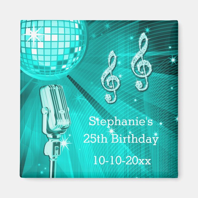 Teal Disco Ball and Retro Microphone 25th Birthday Magnet (Front)