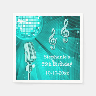 Teal Disco Ball and Retro Microphone 65th Birthday Napkin