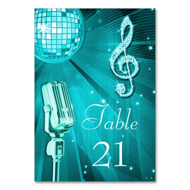 Teal Disco Ball and Retro Microphone Table Number (Front)