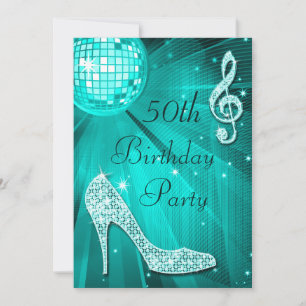 Teal Disco Ball and Sparkle Heels 50th Birthday Invitation