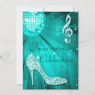 Teal Disco Ball and Sparkle Heels Quinceañera Invitation