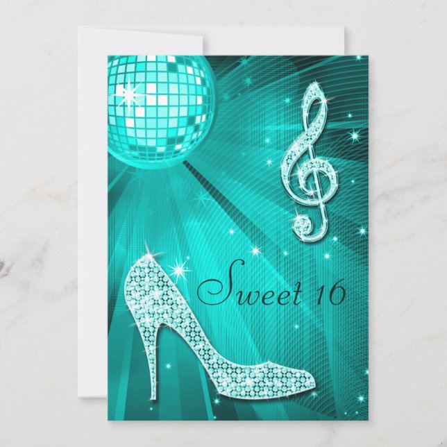 Teal Disco Ball and Sparkle Heels Sweet 16 Invitation (Front)
