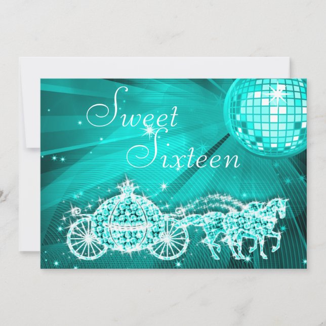 Teal Disco Ball, Princess Coach & Horses Sweet 16 Invitation (Front)