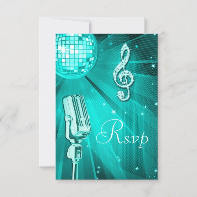 Teal Disco Ball & Retro Microphone RSVP Card (Front)
