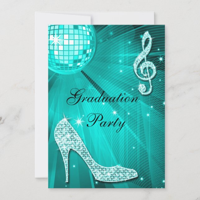 Teal Disco Ball Sparkle Heels Graduation Invitation (Front)