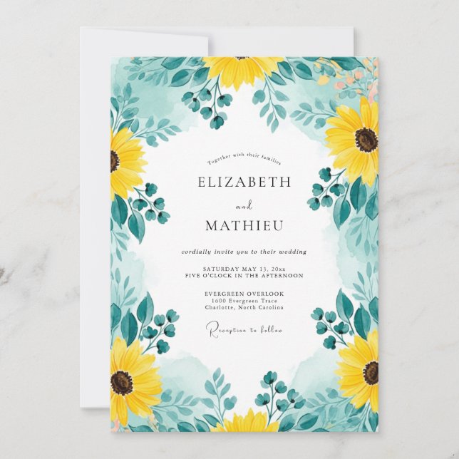 Teal Distinctive Sunflower Wedding Invitation (Front)