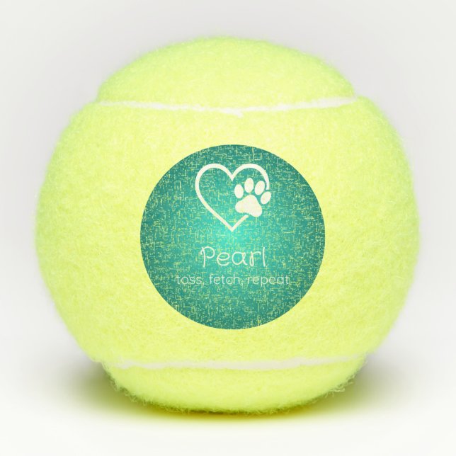 Teal Dog Name Tennis Ball 'toss, fetch, repeat' (Front)