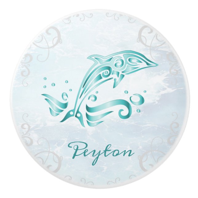 Teal Dolphin Personalised Ceramic Knob (Front)