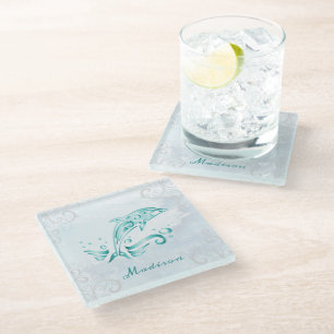 Teal Dolphin Personalised Glass Coaster