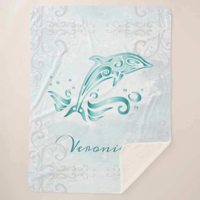 Teal Dolphin Personalised Sherpa Blanket (Front)