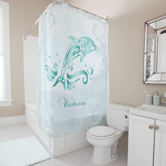 Teal Dolphin Personalised Shower Curtain (In Situ)