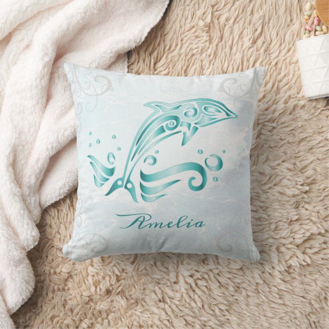Teal Dolphin Personalised Throw Pillow (Blanket)