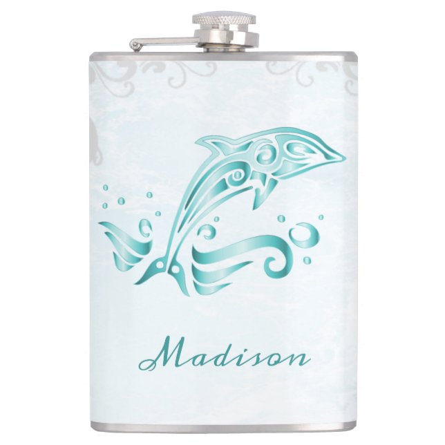 Teal Dolphin Vinyl Wrapped Flask (Front)