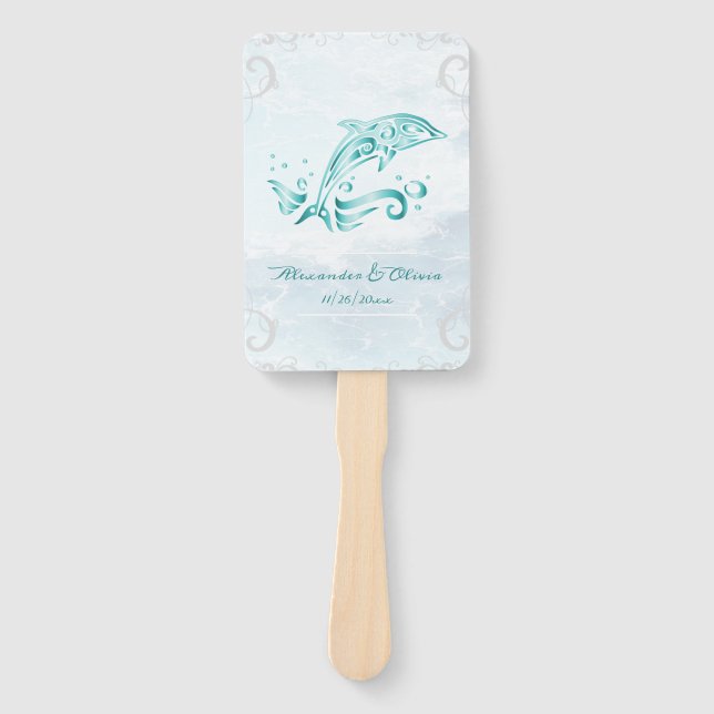 Teal Dolphin Wedding Favour Hand Fan (Front)