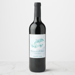 Teal Dolphin Wedding Wine Label