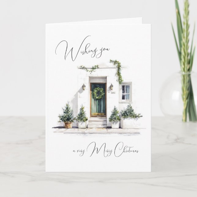 Teal Door White Home Christmas Holiday Card (Front)